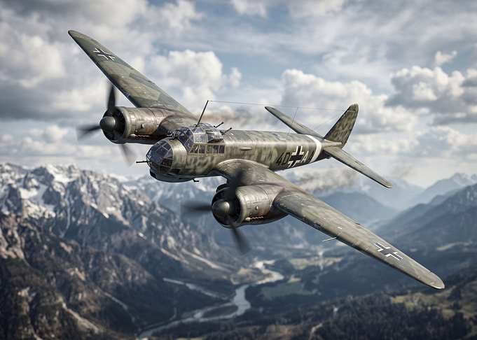 German Bomber Flying Over Mountains