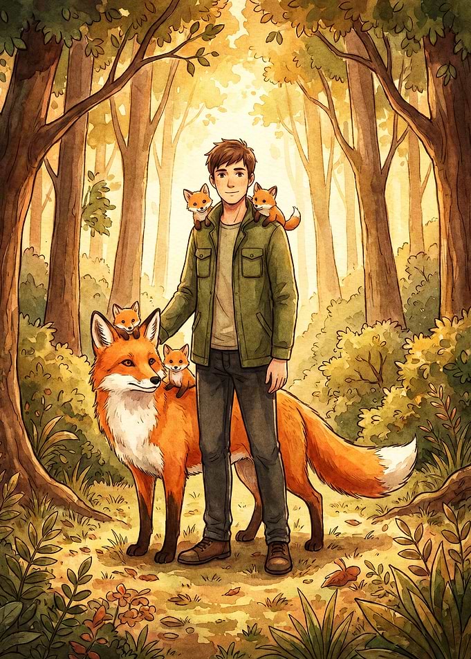 Man with Foxes in Forest