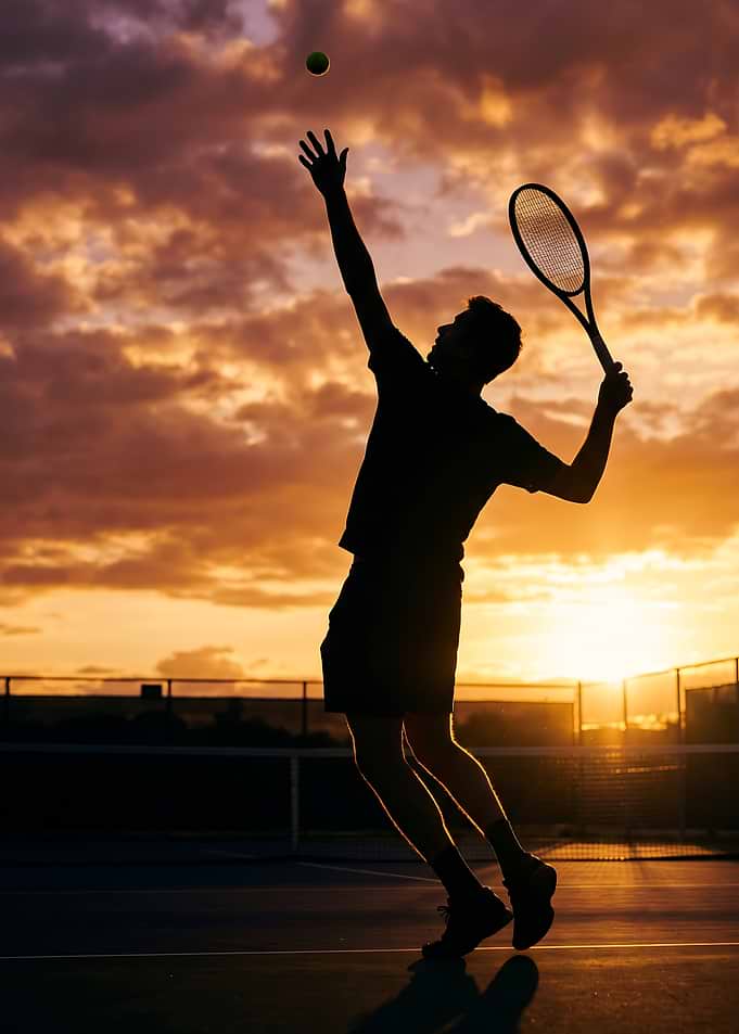 Tennis player serving at sunset