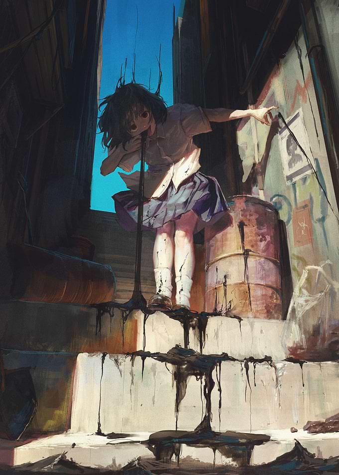 Girl Vomiting Black Liquid in Alley