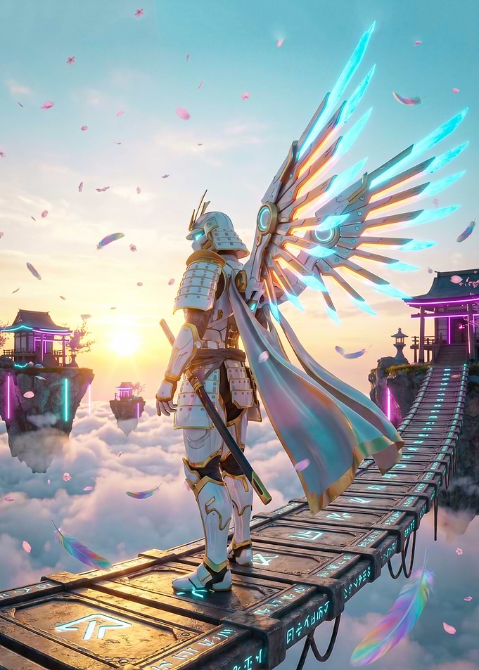 Futuristic Samurai Angel in a Cloudscape