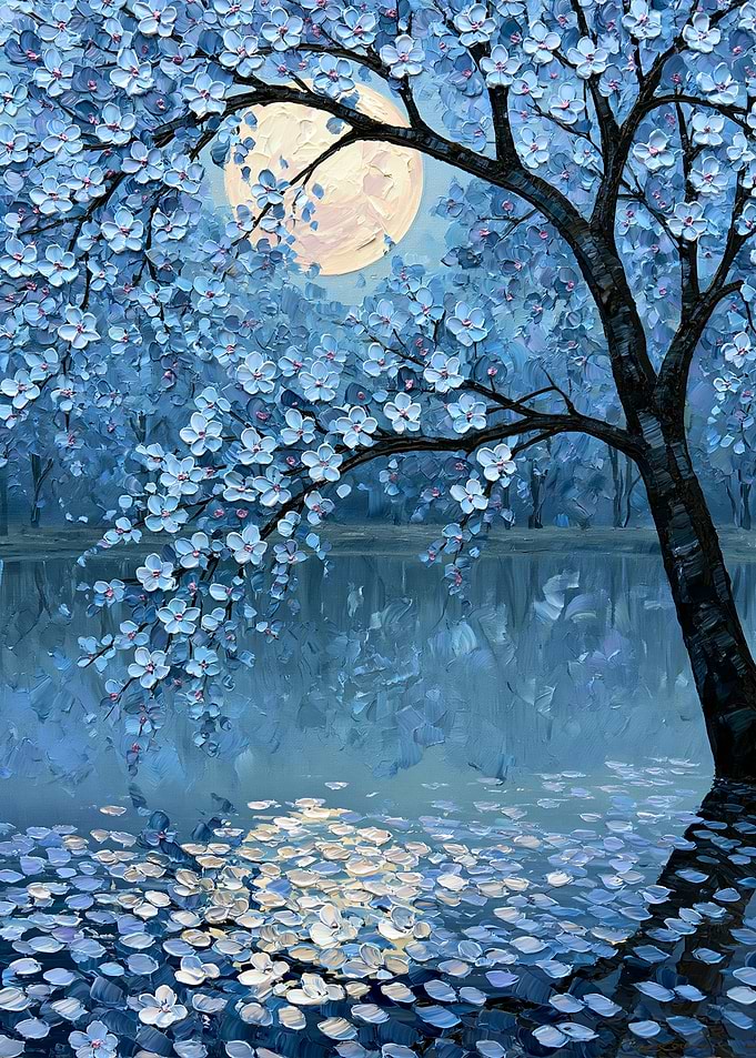 Moonlit Cherry Blossoms Over Water