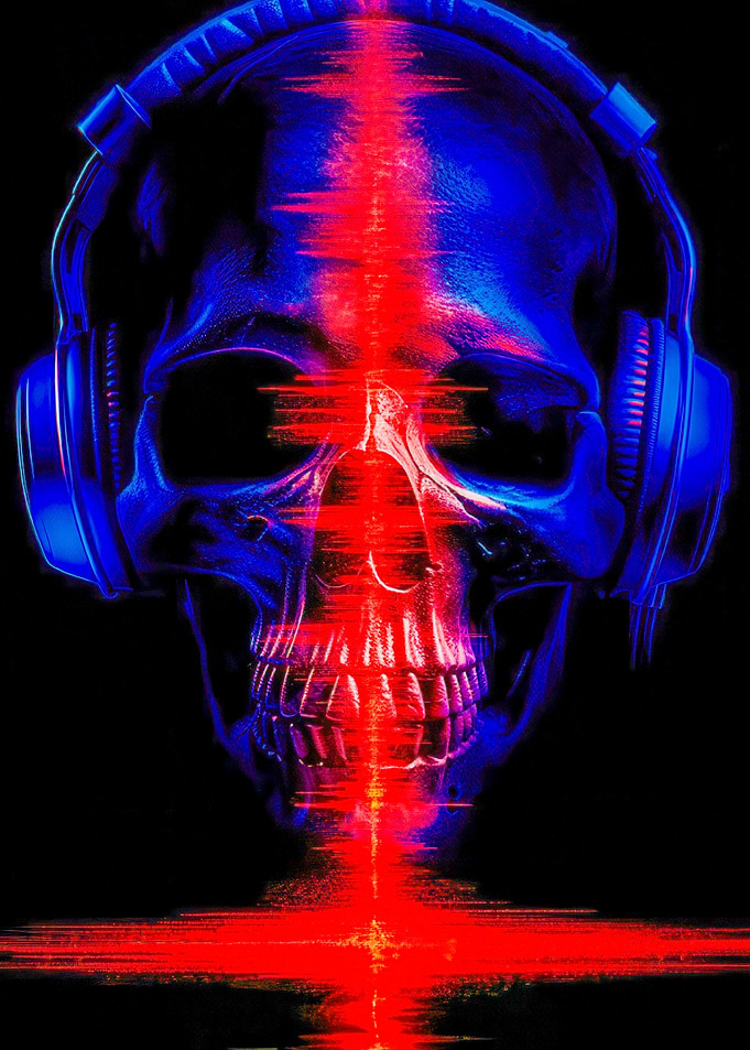 Skull with Headphones and Soundwaves