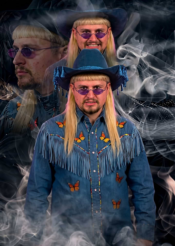 Man in Cowboy Hat and Butterfly Shirt