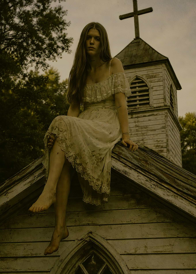 Woman in lace dress on church roof