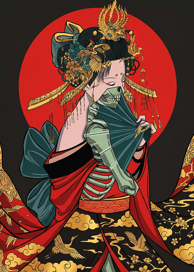 Geisha Skeleton with Fan