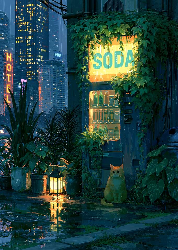 Cat at a rainy soda vending machine