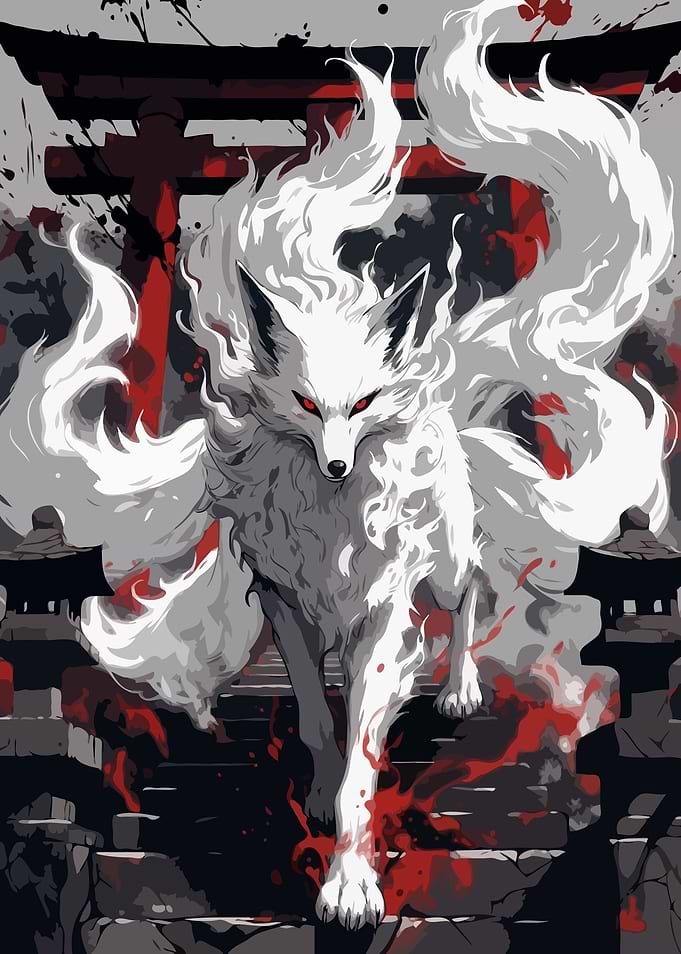 White Nine-Tailed Fox with Red Eyes