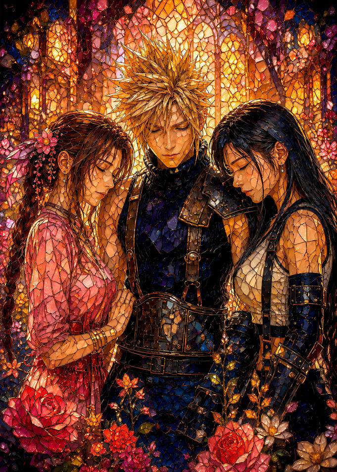 Cloud, Tifa, and Aerith in Stained Glass