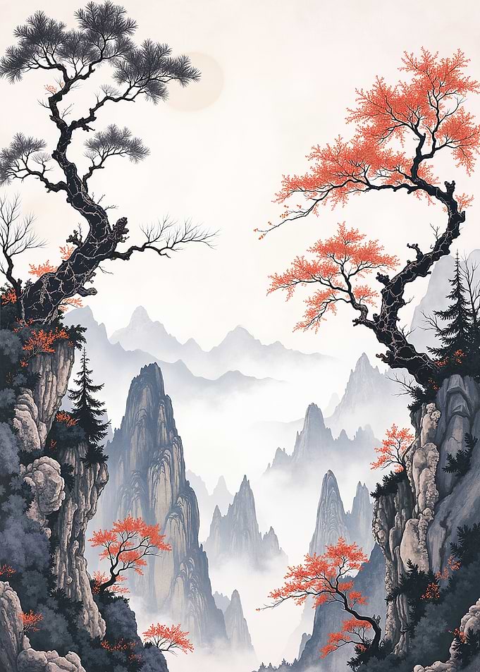 Misty Mountain Landscape with Autumn Trees