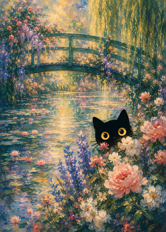 Black Cat in a Monet Garden