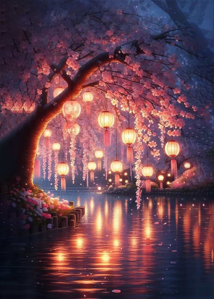Enchanting Cherry Blossoms and Lanterns by the Water