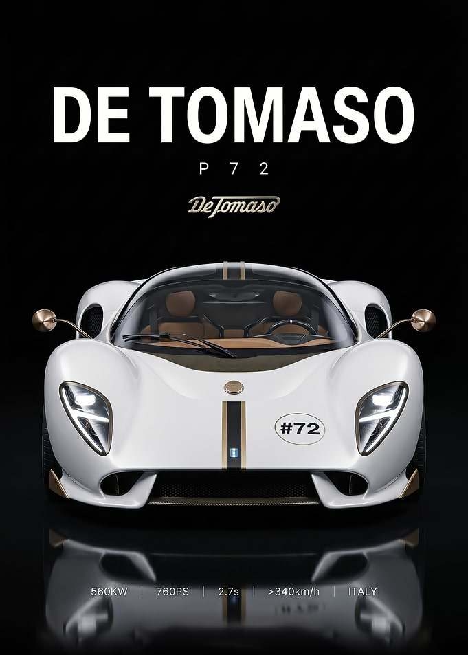 sleek white De Tomaso P72 Supercar poster
