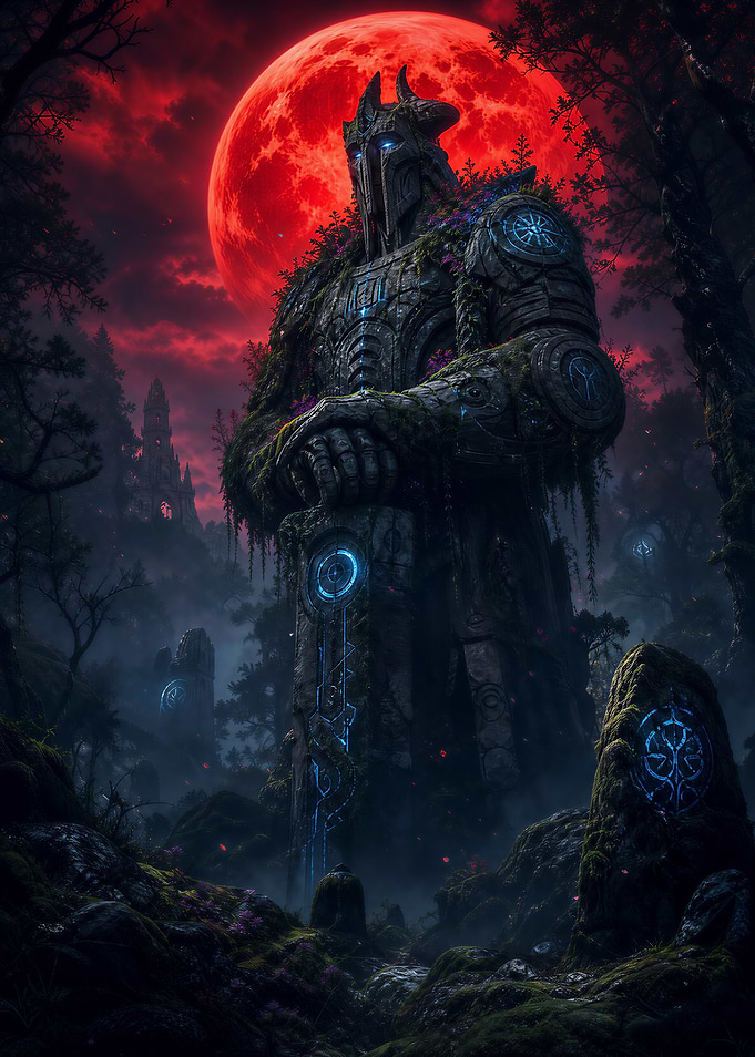 Giant Stone Guardian Under Red Moon