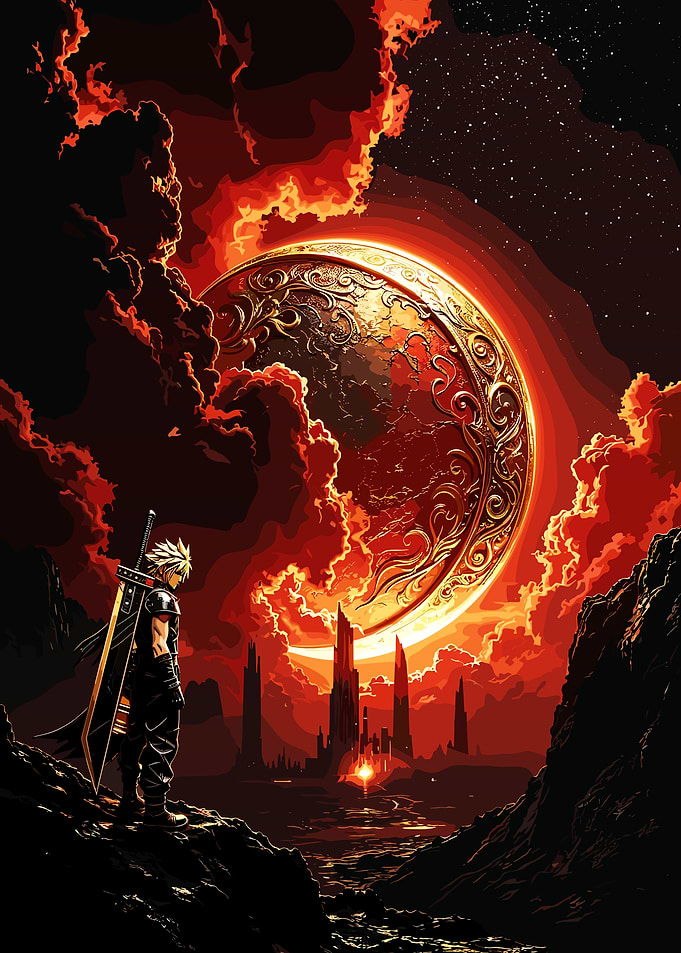 Cloud Strife in a Fiery Landscape