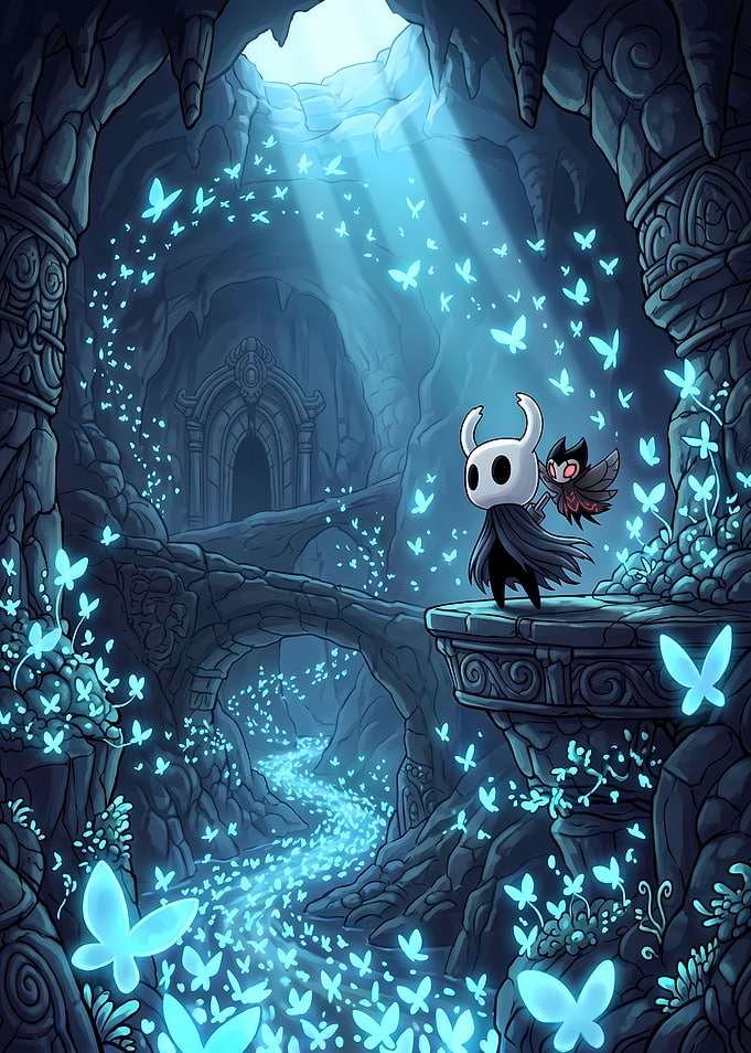Hollow Knight and Hornet in a Cave