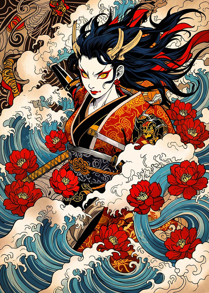Samurai Woman with Waves and Flowers