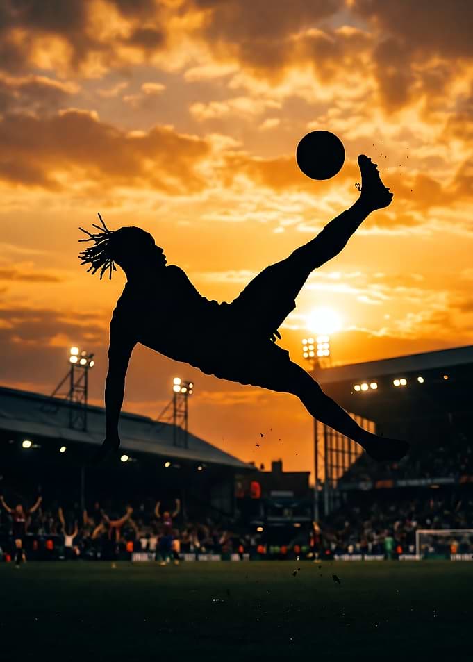 Soccer player bicycle kick at sunset
