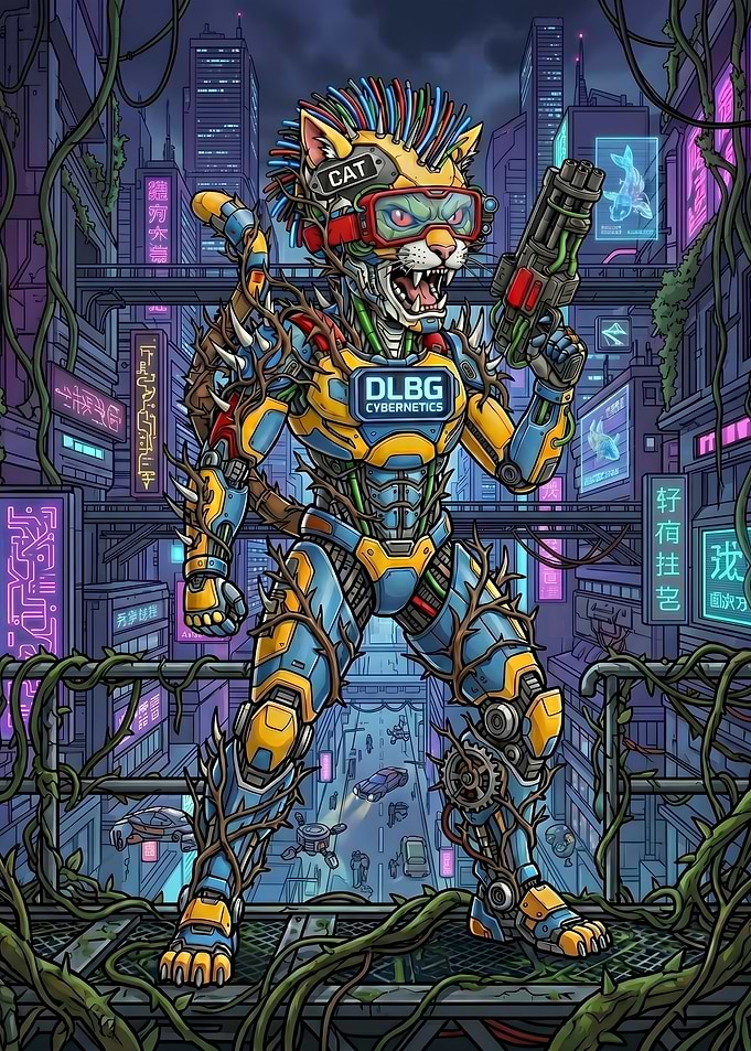 DLBG Cyberpunk #8 - Cybernetic Cat Warrior in Neon City