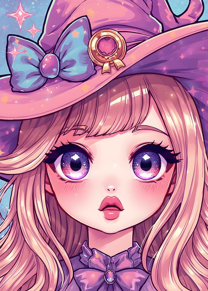 Cute Anime Witch with Pink Hat