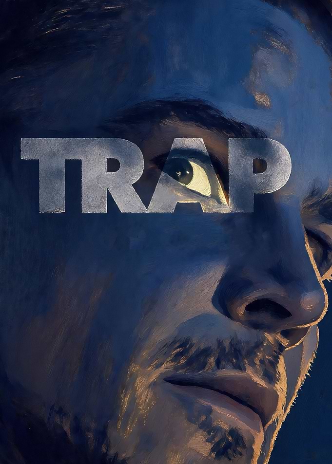 Close-up of a man's face with the word TRAP