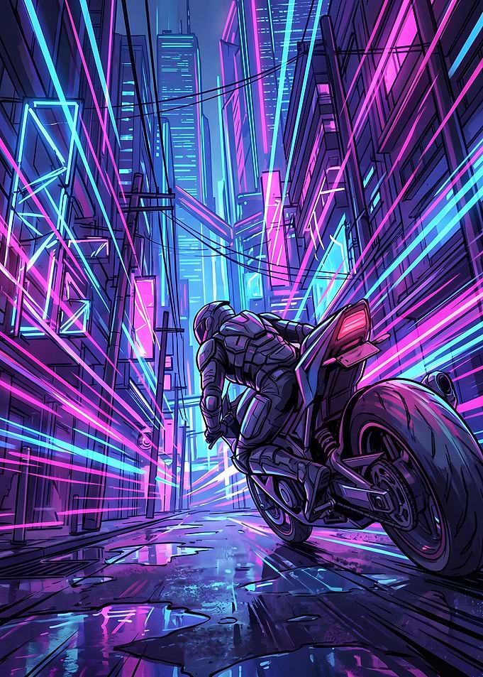 Futuristic Motorcyclist Tearing Through Neon Night