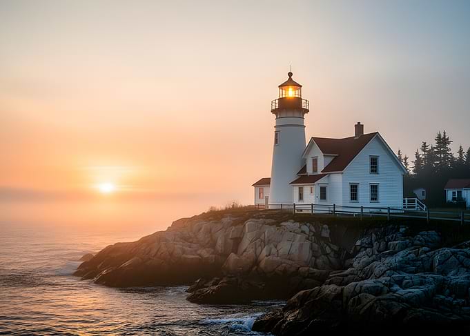 Lighthouse at Sunrise with Fog