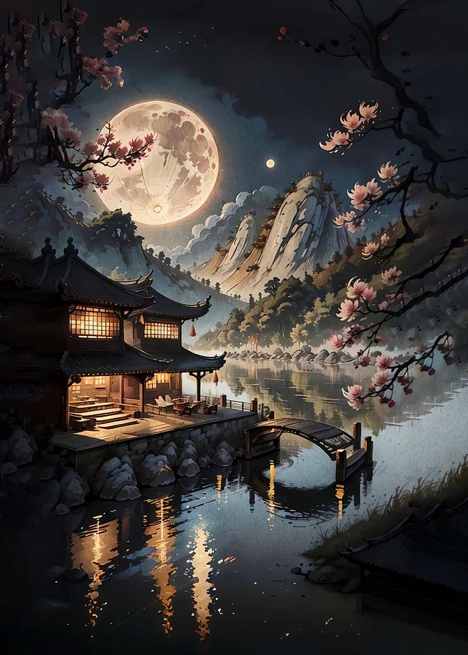 Serene Moonlit Japanese Landscape