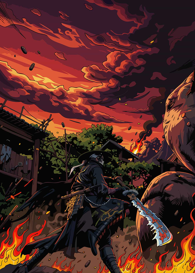 Samurai Warrior in Fiery Landscape