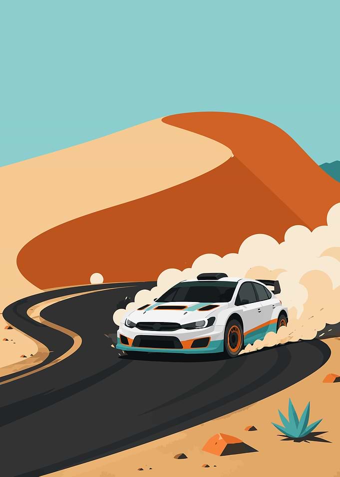 Rally Car Drifting in Desert Landscape