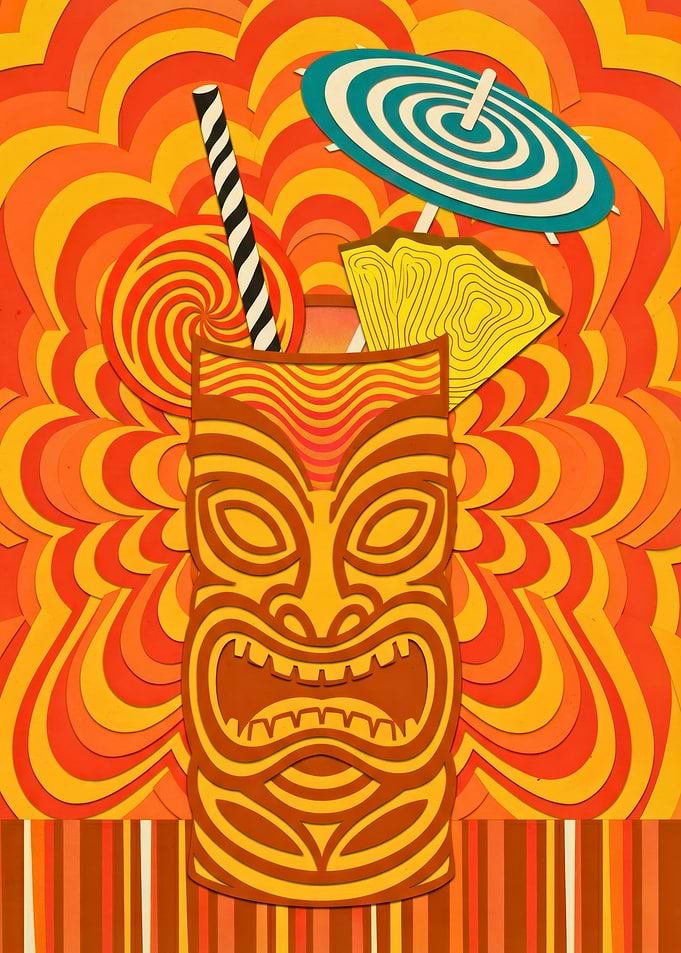 Tiki Cocktail Tropical Paper Cut Illustration