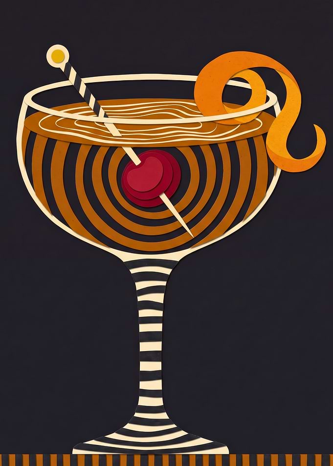 Retro Cocktail with Cherry and Orange Peel Illustration