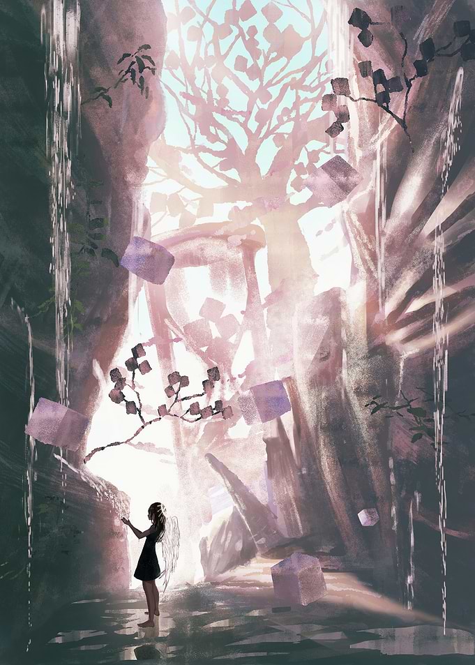 Angel in a mystical cave with floating cubes