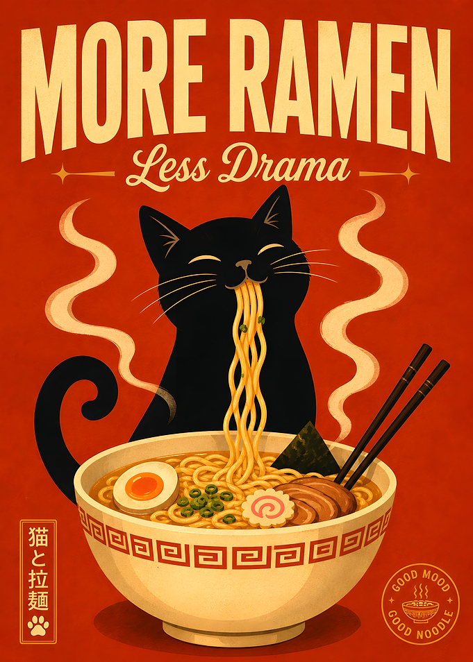 Black Cat Eating Ramen