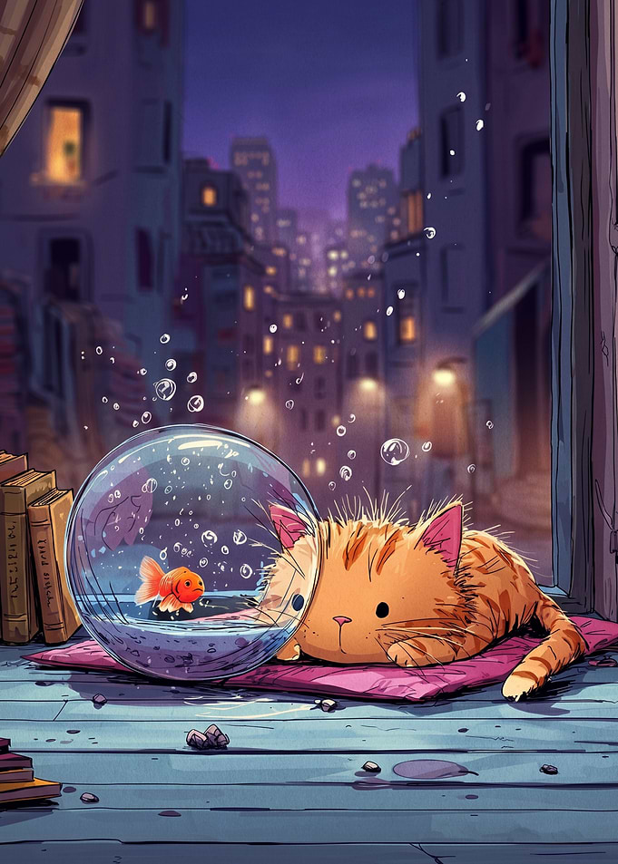 Cat Watching Goldfish in a Bowl