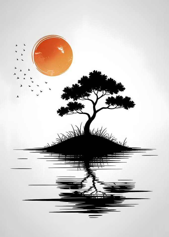 Bonsai Tree Reflection at Sunset