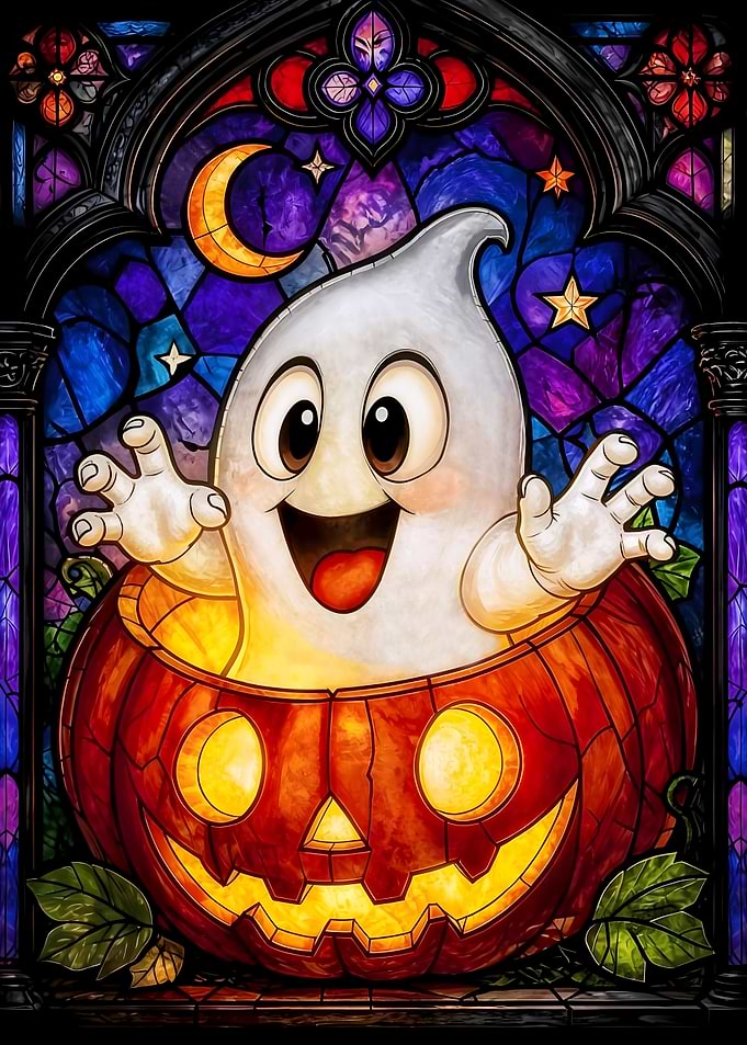 Cute Ghost in a carved Halloween Pumpkin