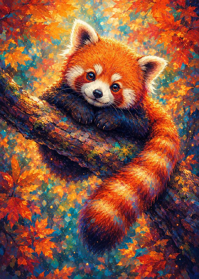 Cute Red Panda in Autumn Tree