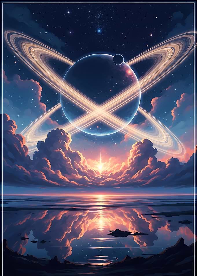 Cosmic Sunset Over Alien Ocean — Space Fantasy Landscape Wall Art Sci-Fi Poster Print