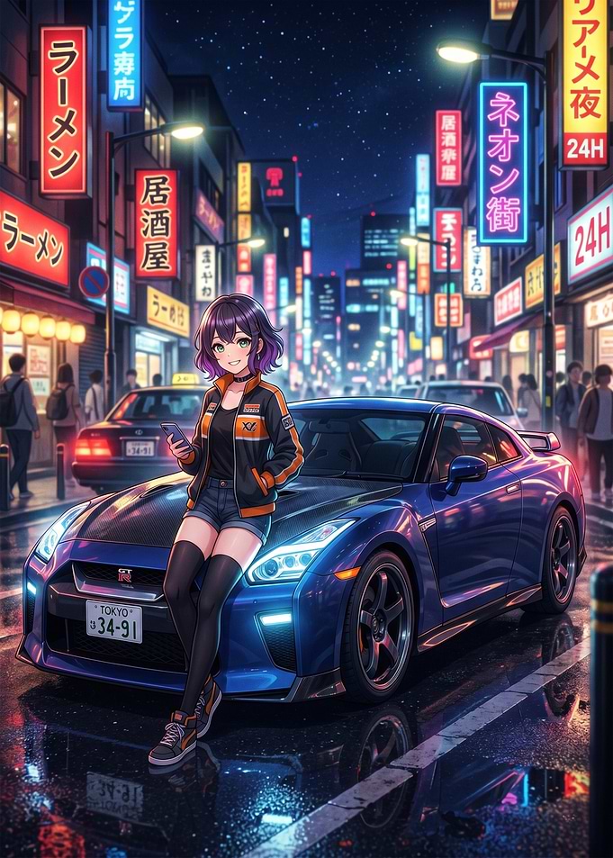 Anime Girl with Sports Car at Night City tokyo japan