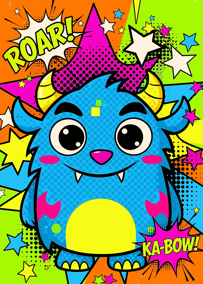 Cute Blue Monster with 'ROAR!' and 'KA-BOW!'