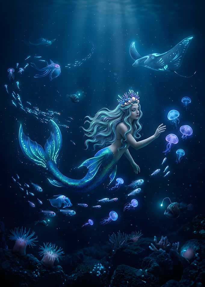 Mermaid and underwater creatures