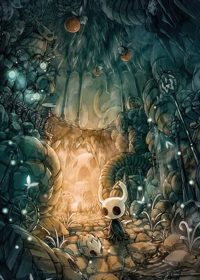 Hollow Knight in a dark cave