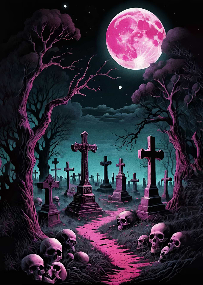 Spooky Cemetery Under Pink Moon