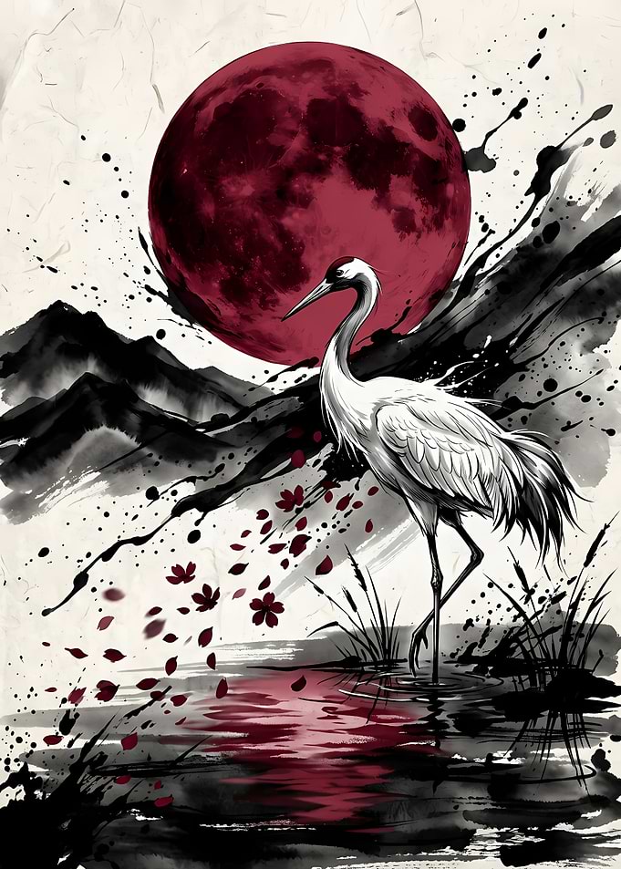 Red Moon Crane Painting