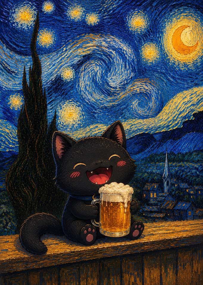 Black Cat Enjoying Beer Under Starry Night