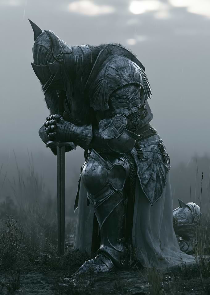 Knight Kneeling in the Rain