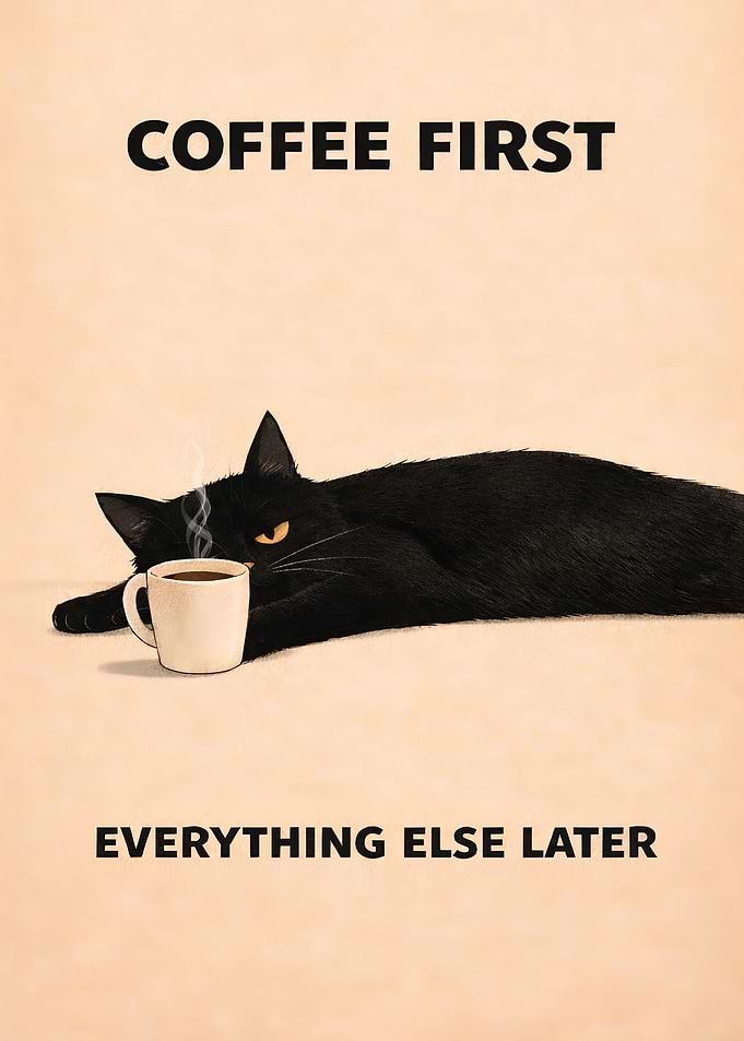 Black cat with coffee