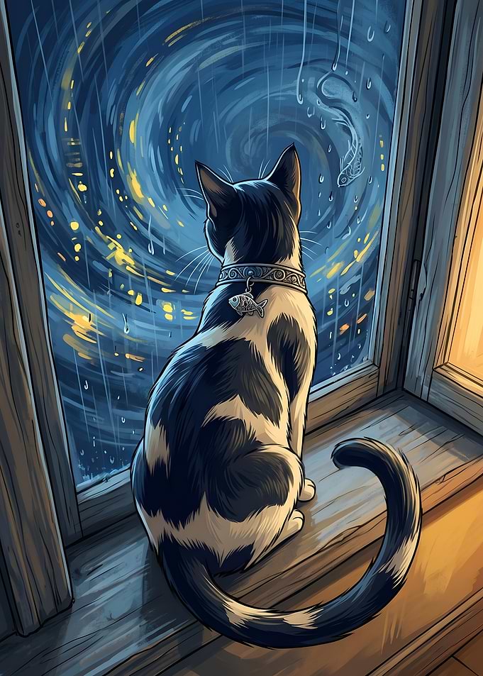 Tuxedo Cat Watching the Rainy Starry Sky