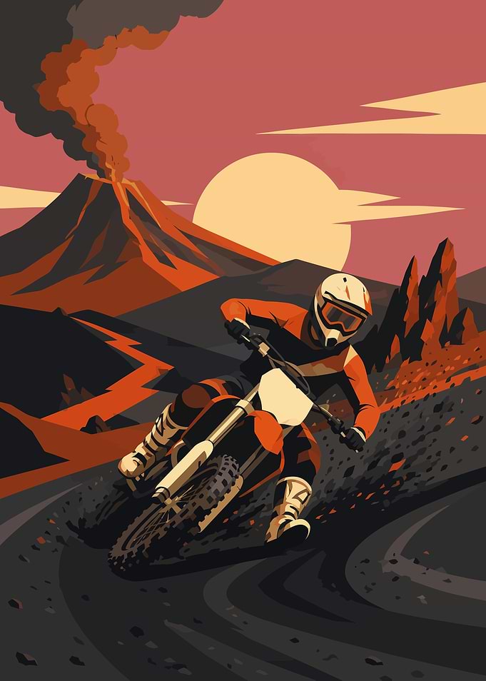 Motocross Rider Near Volcano